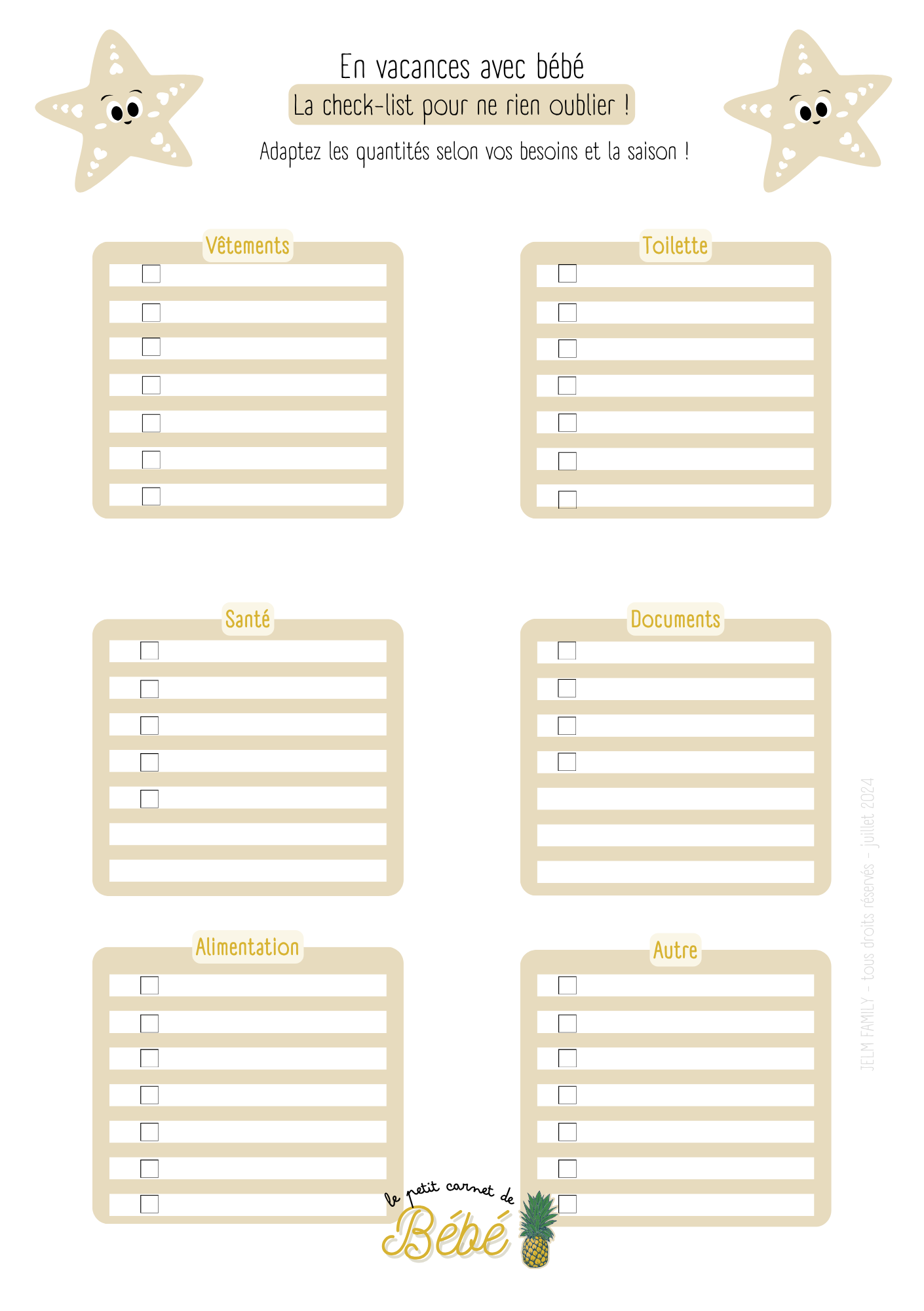 Checklist - En vacances avec bébé JELM FAMILY | Les carnets pour parents zen et organisés