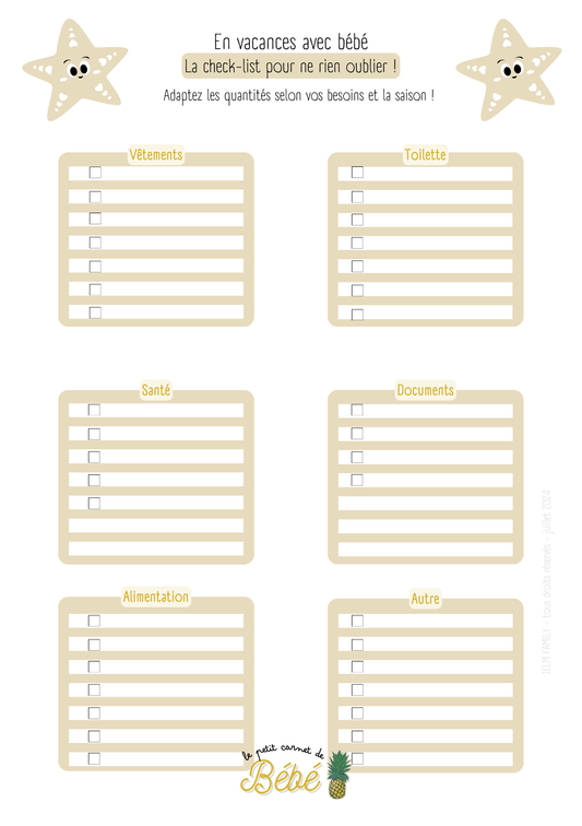 Checklist - En vacances avec bébé JELM FAMILY | Les carnets pour parents zen et organisés